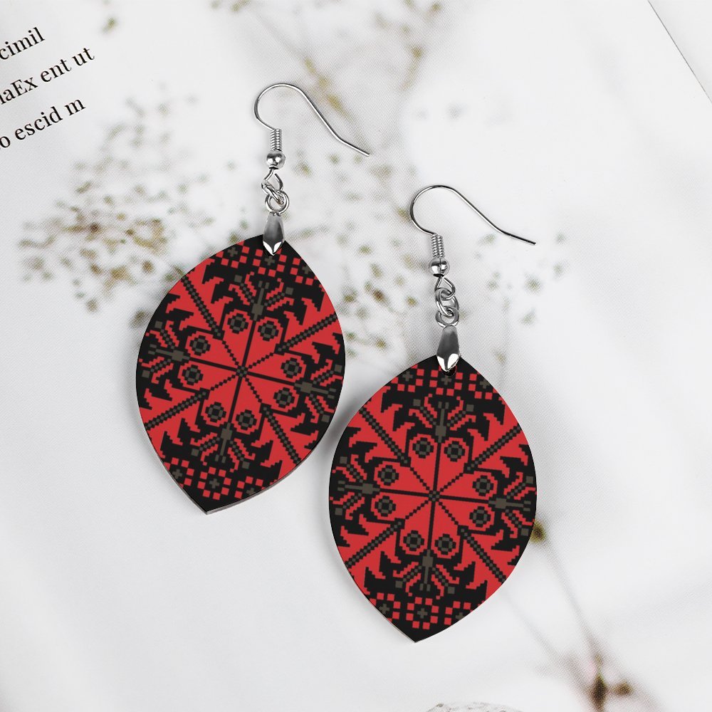 Gaza | غزة Palestinian Tatreez Fashion Wooden Earrings Pendant, Red -