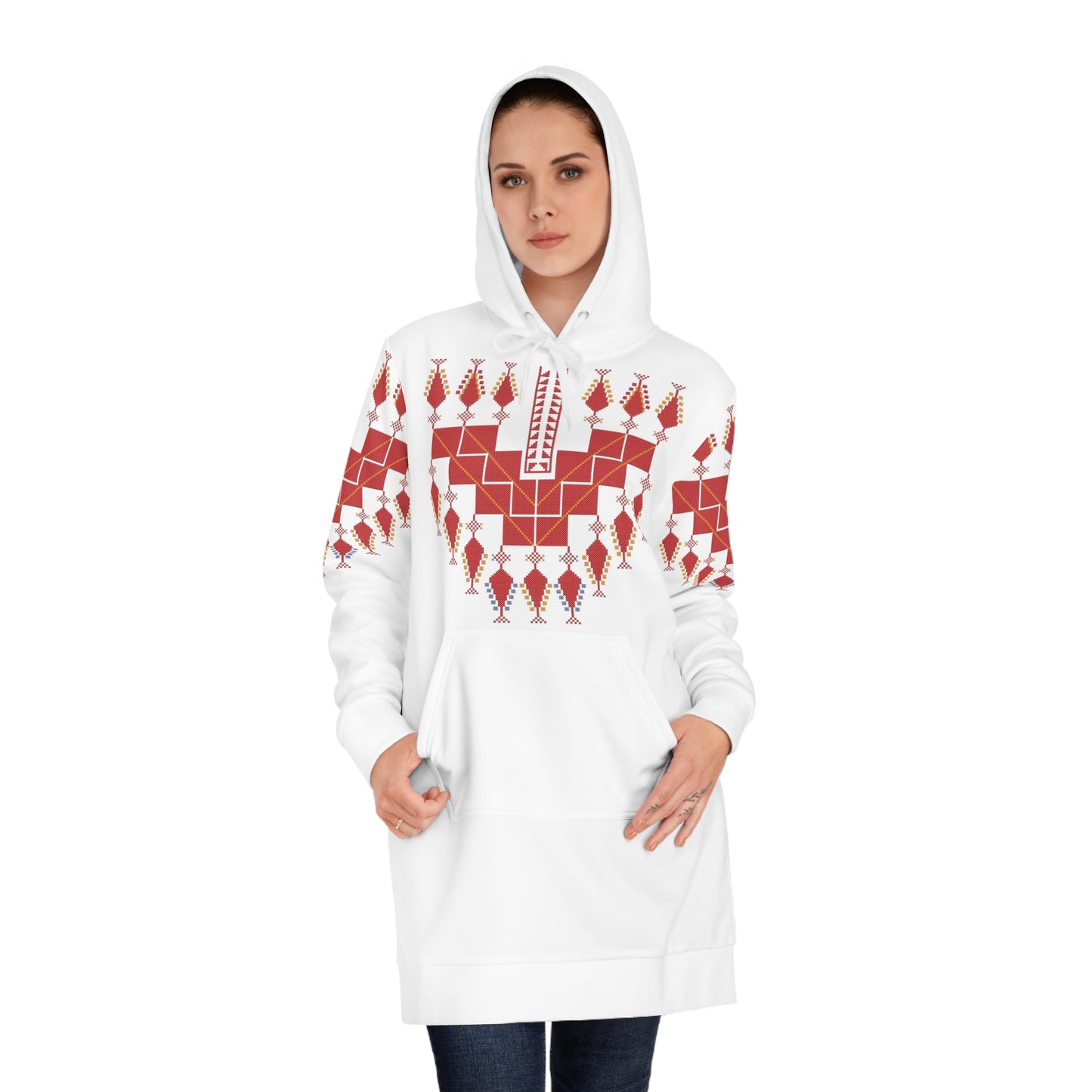 Palestinian Tatreez Hijab Muslim Women's Hoodie Dress, Red