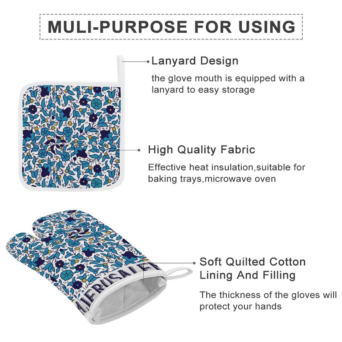 Jerusalem Heat Resistant Oven Mitt With Pot Holder(Two Pieces Set))