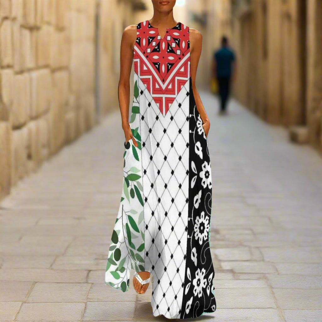 Palestinian Flag Keffiyeh Solidarity Sleeveless Long Graduation Dress Red.White/Green/Black / 3XL
