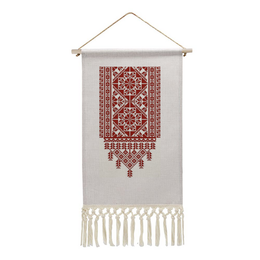Tatreez Print Linen Tapestry with Tassel Cotton Linen Wall Hanging -