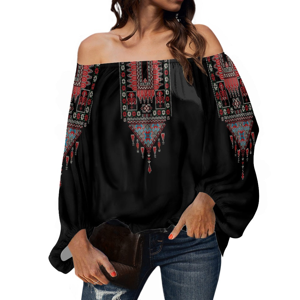 Palestinian Tatreez Off-shouldered chiffon blouse