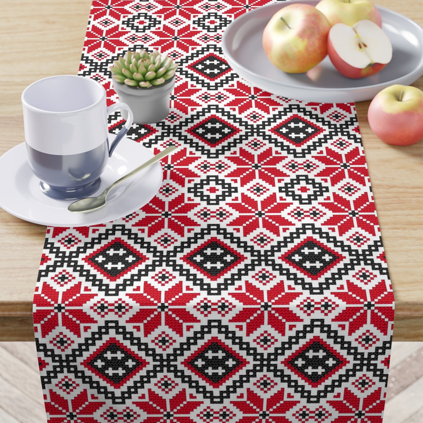 Palestinian Print Tatreez Table Runner, Poly, 90'' × 16'', Red