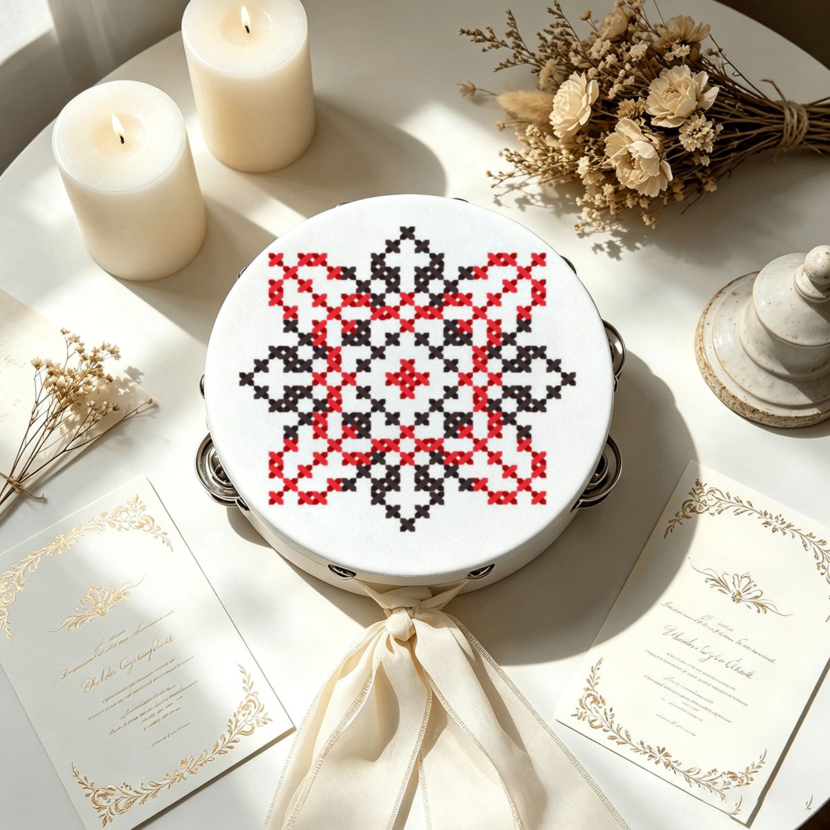 Tatreez Print Wedding Tambourine with Ribbon