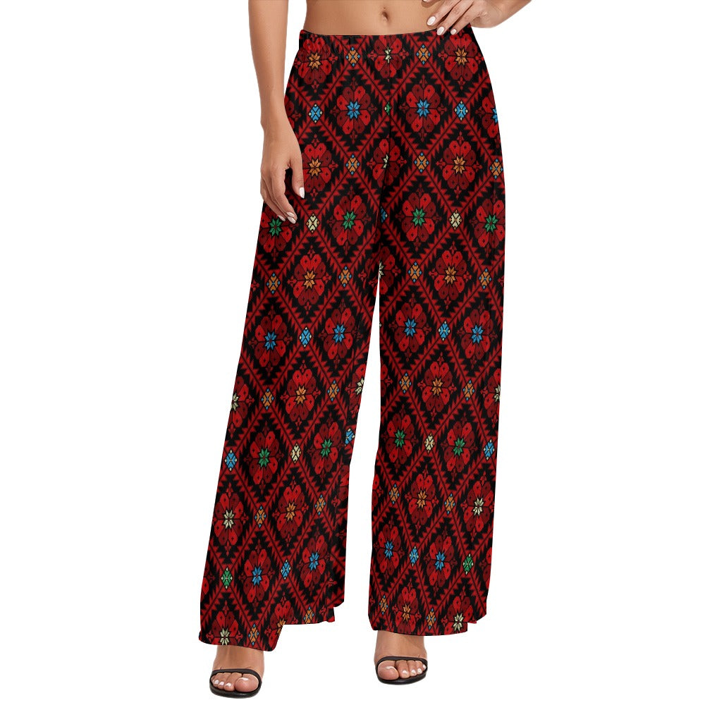 Ethnic Palestinian Tatreez Print Women's Wide Leg Pants