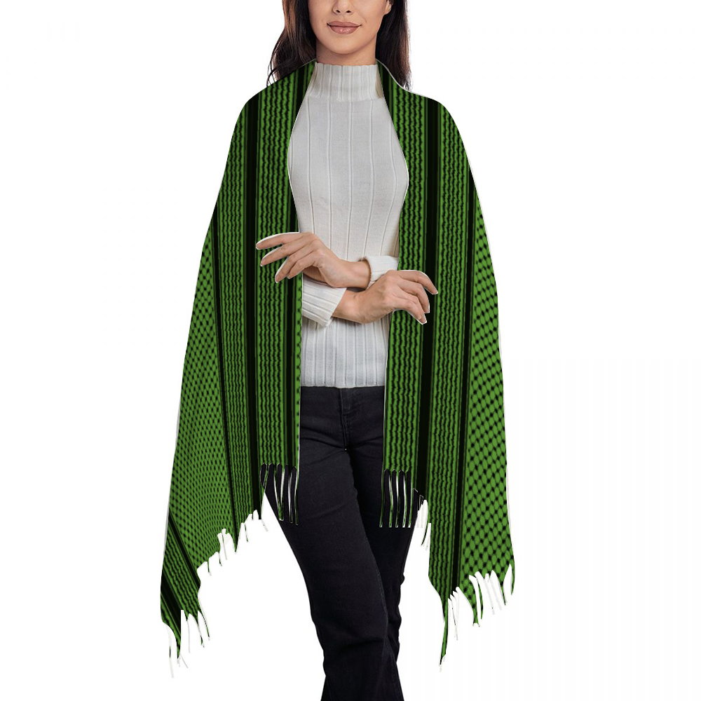 Palestinian Green Kuffiyeh Tassel Scarf for Women 28.35" x 77.56"