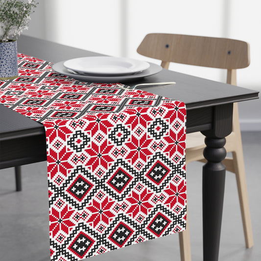 Palestinian Print Tatreez Table Runner, Poly, 90'' × 16'', Red