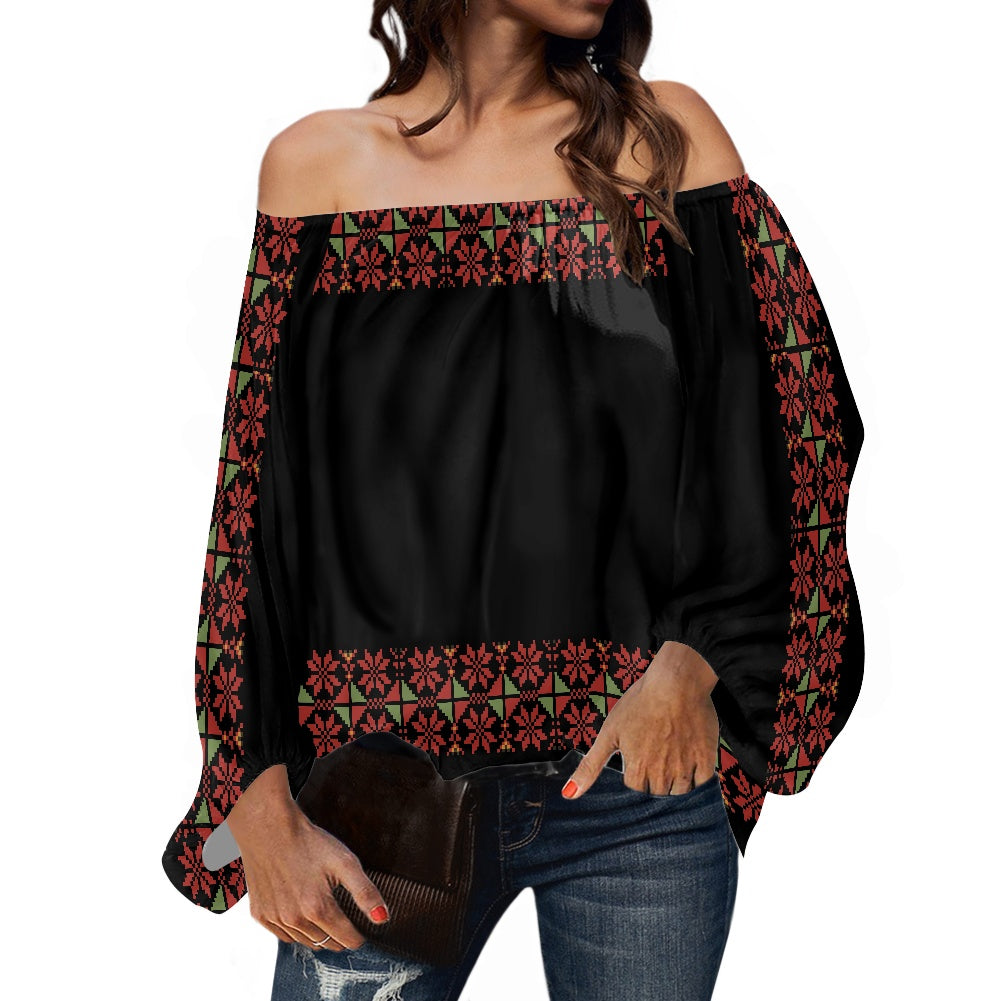 Palestinian Tatreez Off-shouldered chiffon blouse