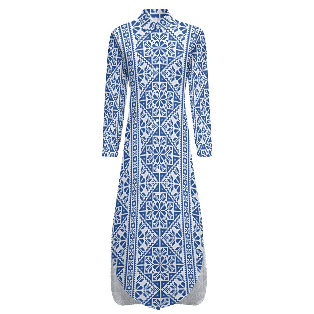 Palestinian Button Tatreez Print Neck Long Sleeve Modest Shirt Dress