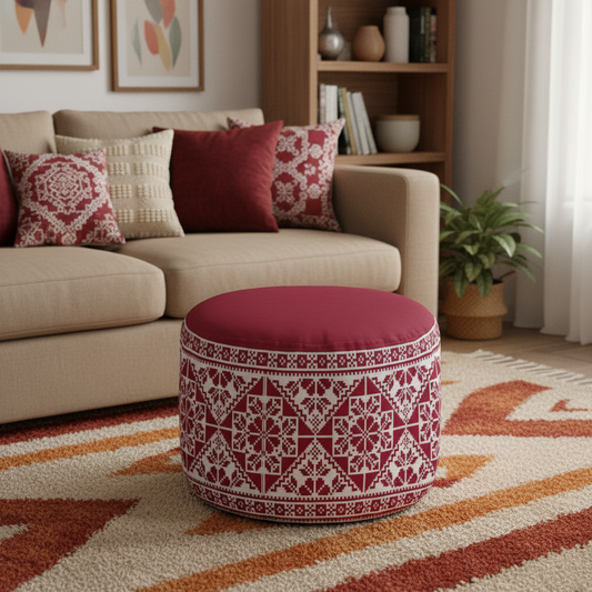 Palestinian Tatreez Print Round Pouf Ottoman