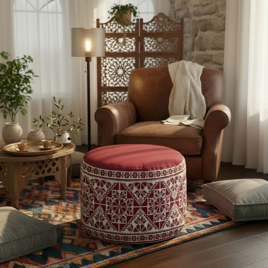 Palestinian Tatreez Print Round Pouf Ottoman