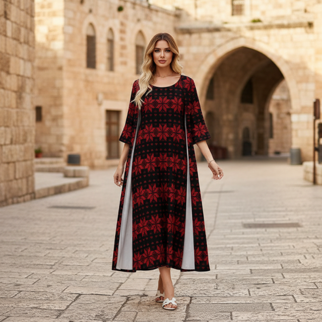Palestinian Tatreez Print Long Dress 2 Piece Set