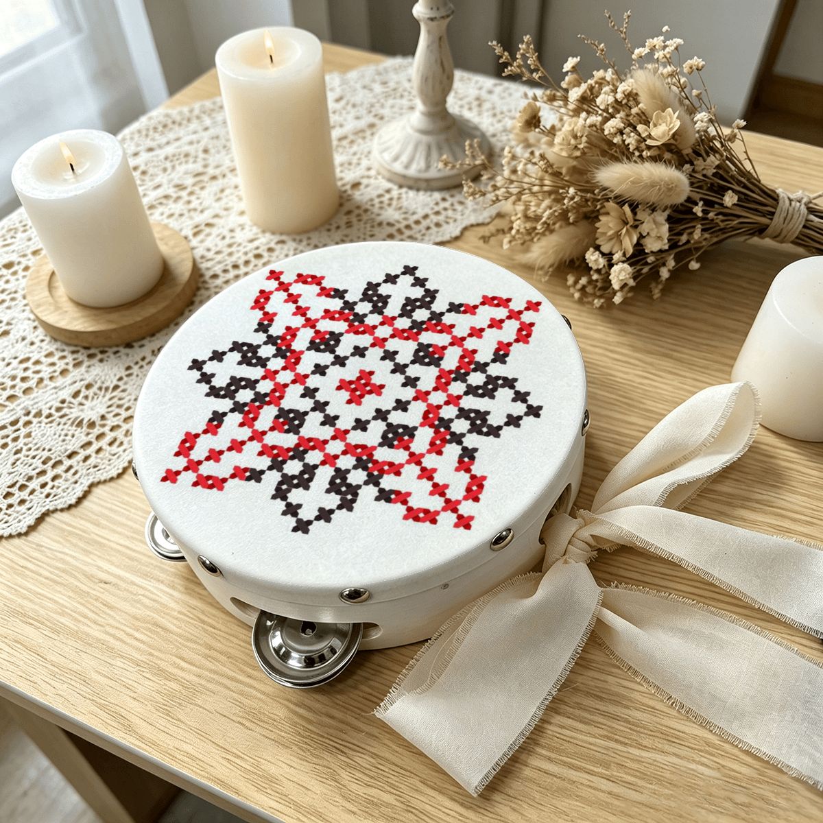 Tatreez Print Wedding Tambourine with Ribbon