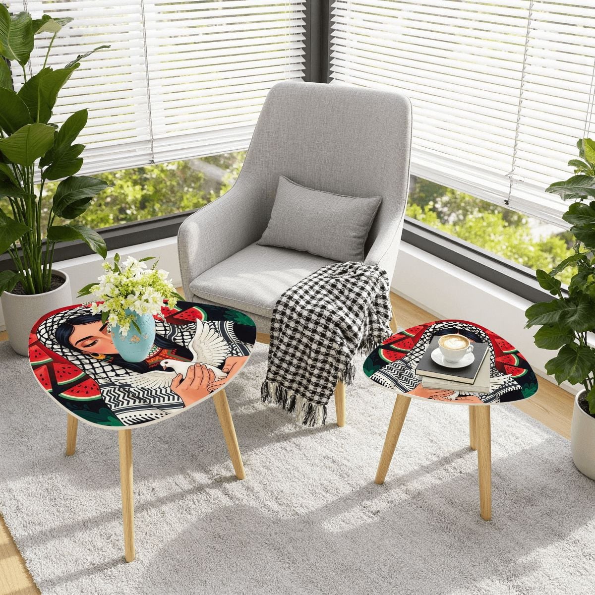 Palestinian Woman Dove Keffiyeh Triangle Coffee Table Set of 2