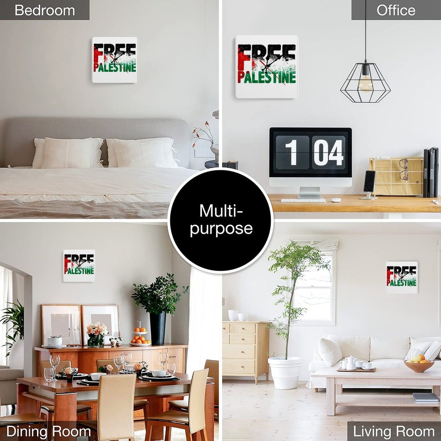 Free Palestine Square Wall Clock without Numbers (Made in USA)