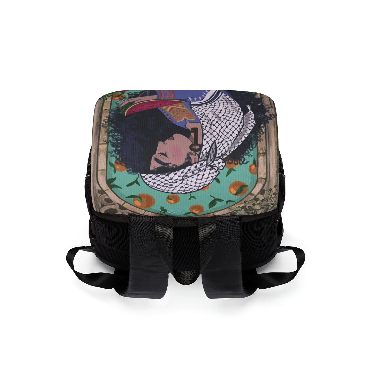 Casual Shoulder Backpack, Palestinian Kuffiyeh Holding a Watermelon, Ethnic Bag