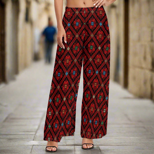 Ethnic Palestinian Tatreez Print Women's Wide Leg Pants