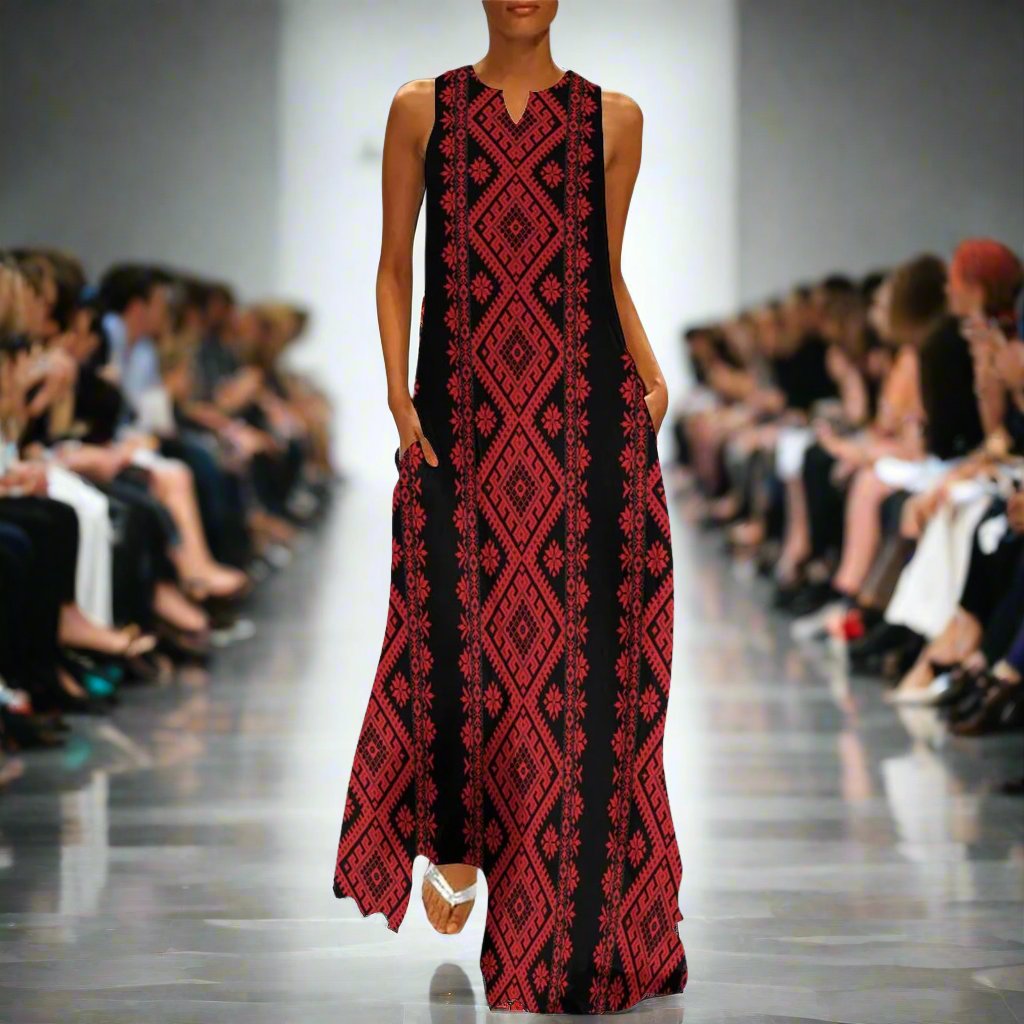 Palestinian Tatreez Print Sleeveless Long Dress Long dress, Red,