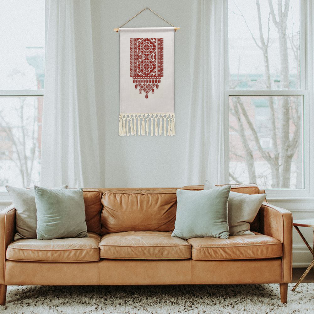 Tatreez Print Linen Tapestry with Tassel Cotton Linen Wall Hanging -