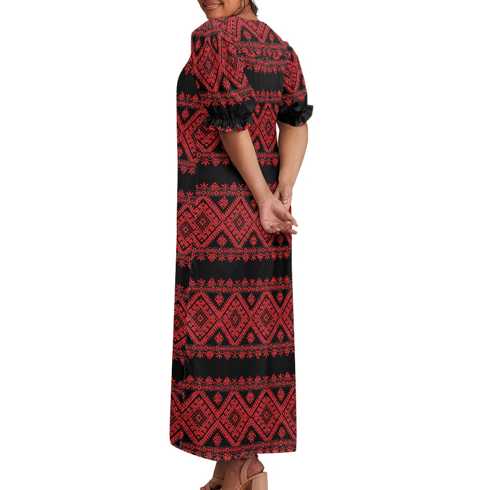 Palestinian Tatreez Print Puff sleeve dress,