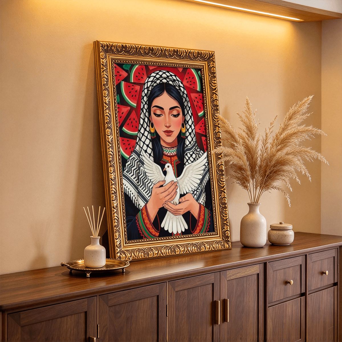 Woman Watermelon Dove Vintage Gold Framed Canvas Prints Wall Art (2:3) (Made in USA)
