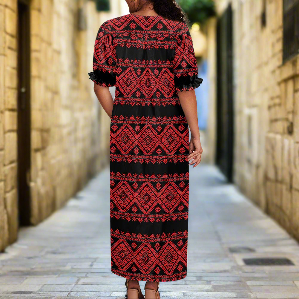 Palestinian Tatreez Print Puff sleeve dress,