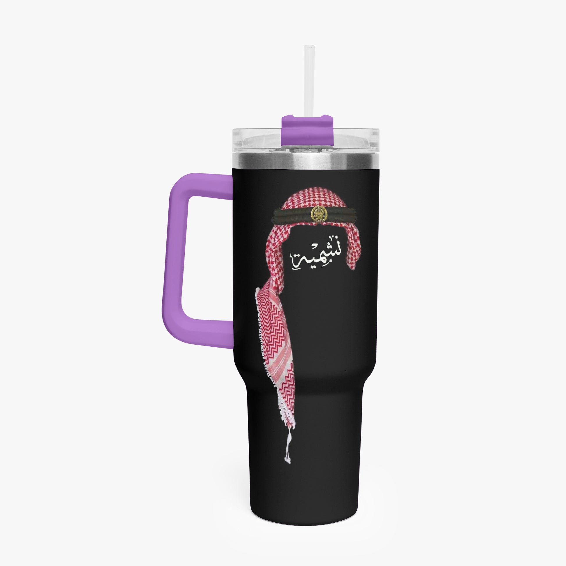 Black tumbler with a pink headscarf design and purple handle on a white background