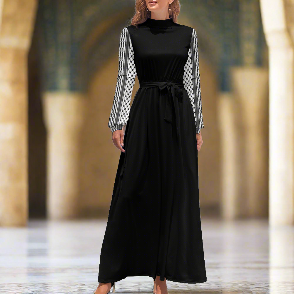 Kuffiyeh Women's Long Sleeves High Neck Hijab Dress Casual Long Skirts