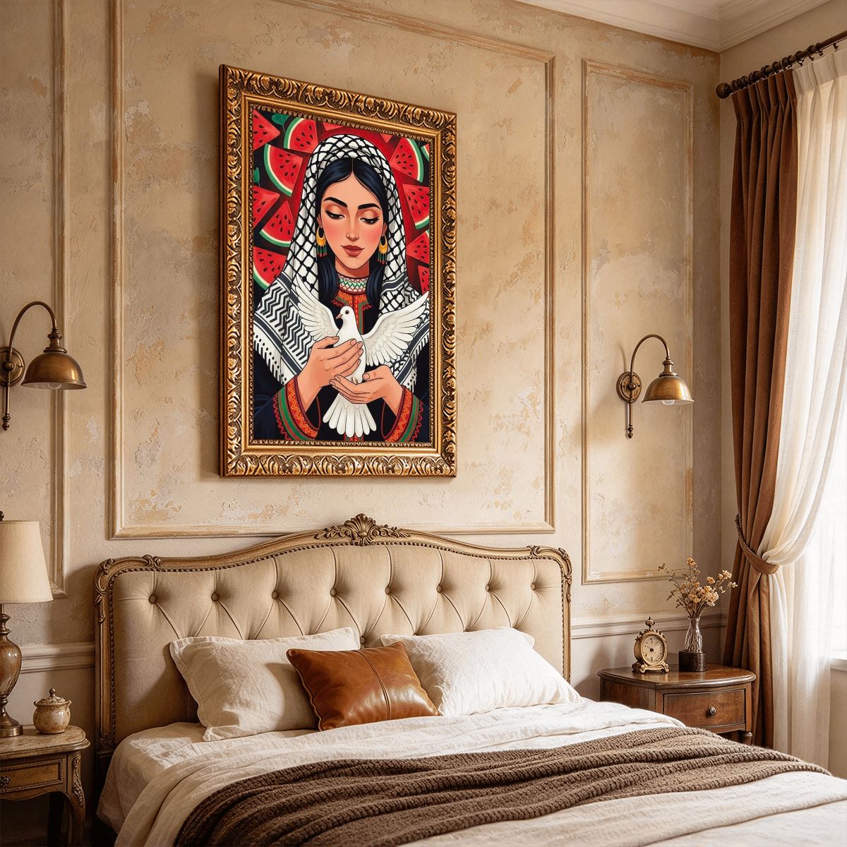 Woman Watermelon Dove Vintage Gold Framed Canvas Prints Wall Art (2:3) (Made in USA)