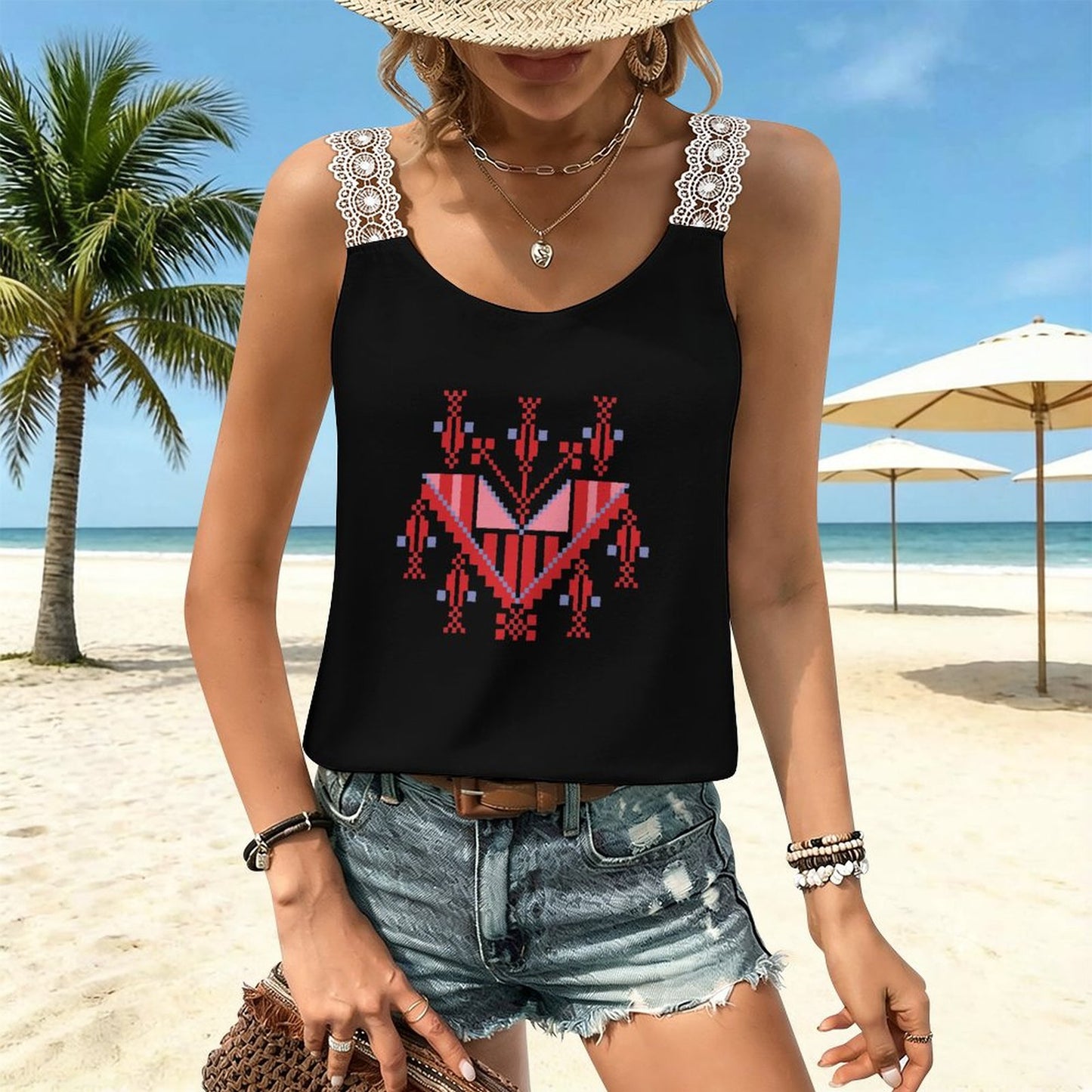 Women’s Lace Trim Camisole – Tatreez Front Print