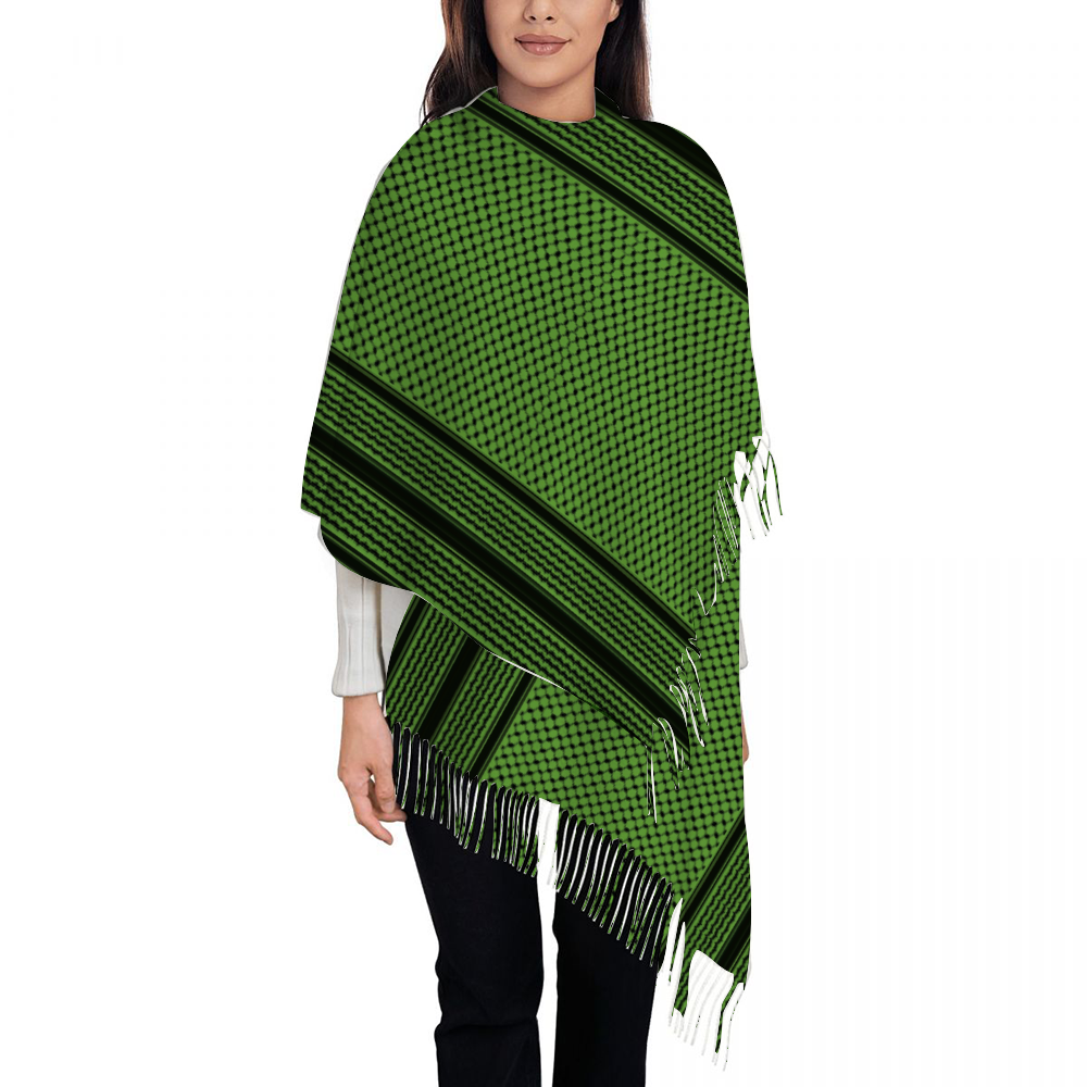 Palestinian Green Kuffiyeh Tassel Scarf for Women 28.35" x 77.56"