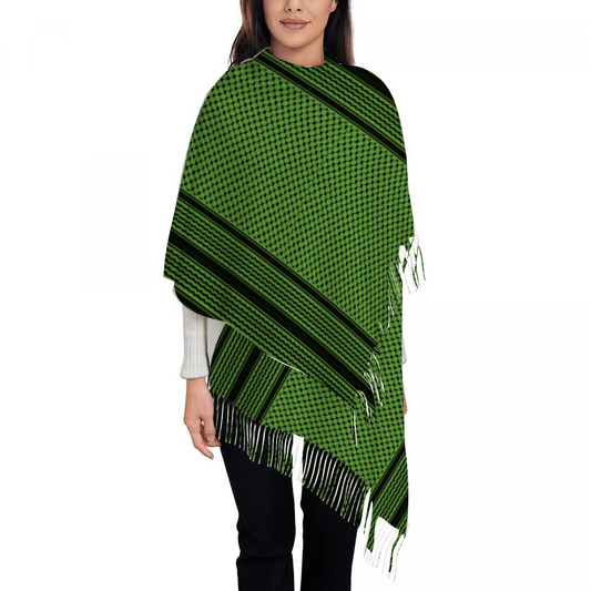 Palestinian Green Kuffiyeh Tassel Scarf for Women 28.35" x 77.56"