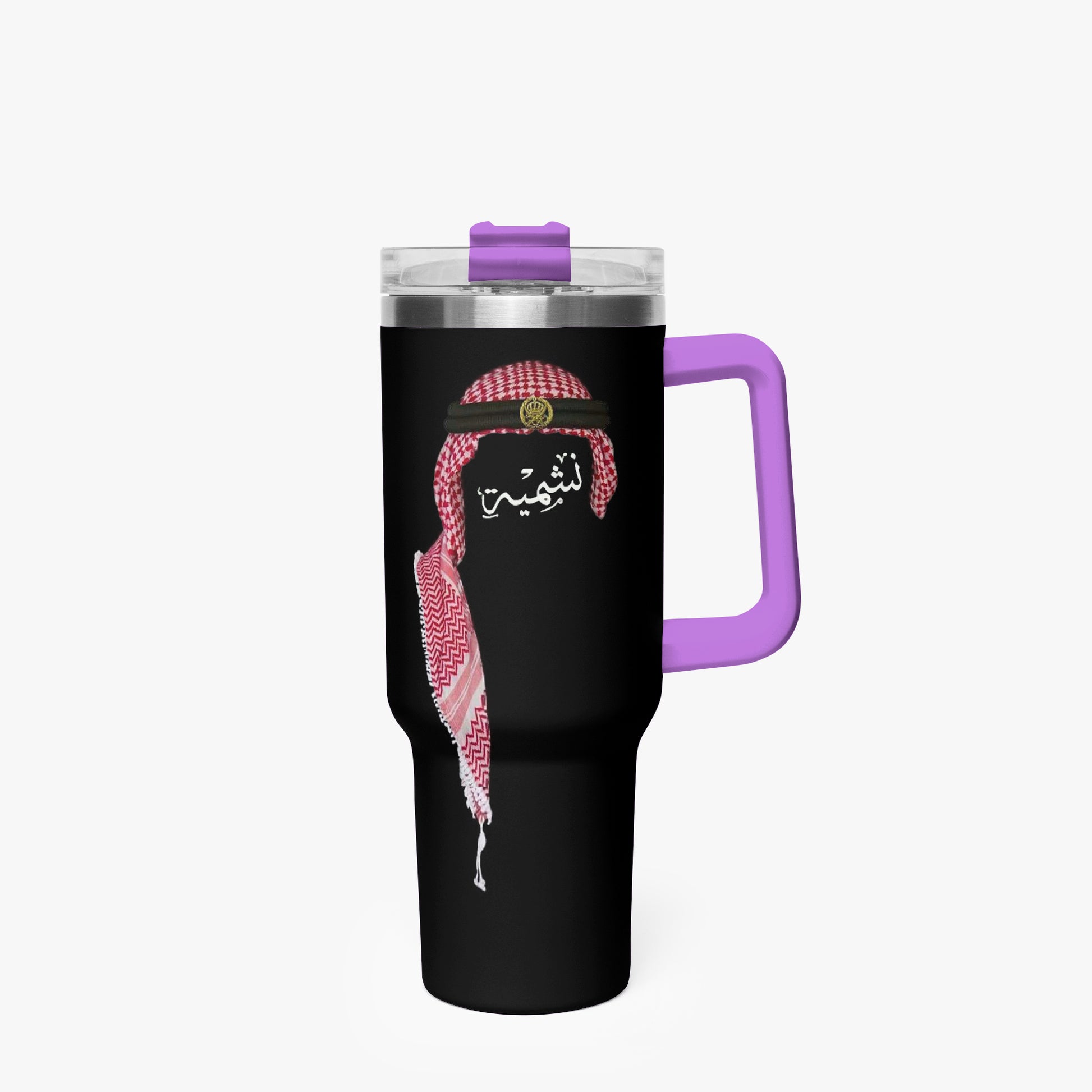 Black tumbler with pink hijab design and purple handle on a white background