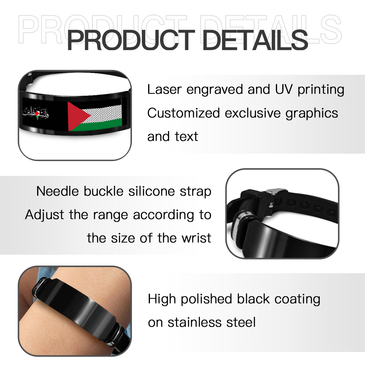 Palestine Flag Silicone and Stainless Steel Strap Bracelet