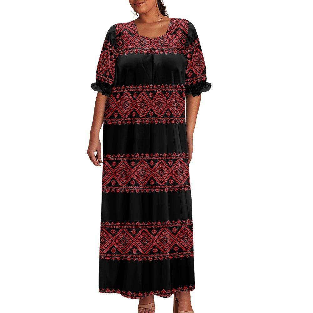 Palestinian Tatreez Print Puff sleeve dress