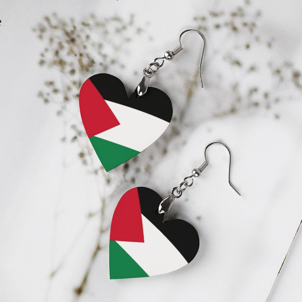 I Love Palestine Heart Wooden Earrings Pendant -