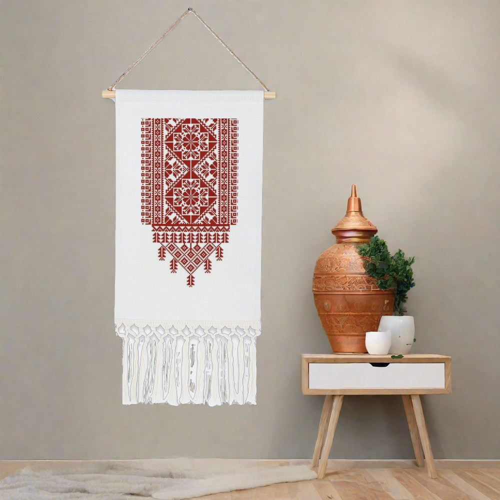 Tatreez Print Linen Tapestry with Tassel Cotton Linen Wall Hanging