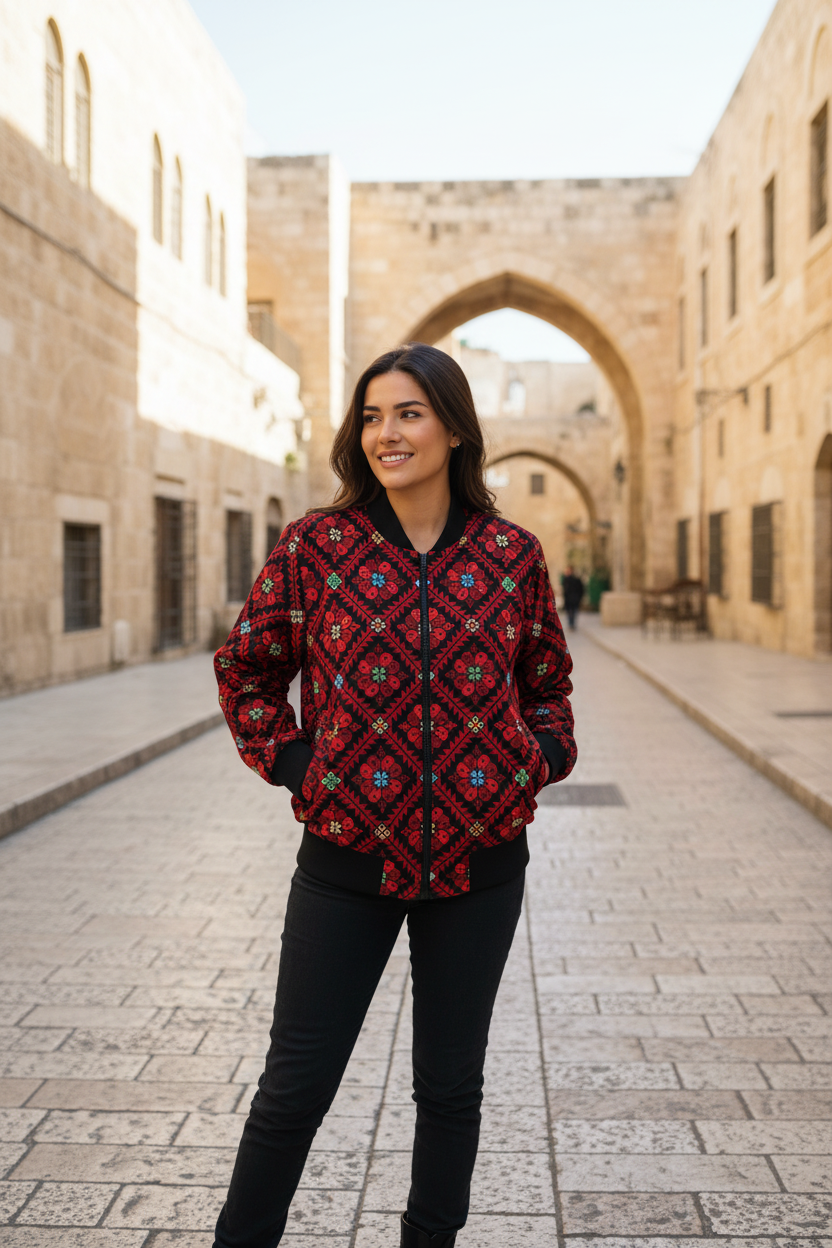 Palestinian Women's Bomber Jacket All-Over-Print Realistic Tatreez Print Jacket