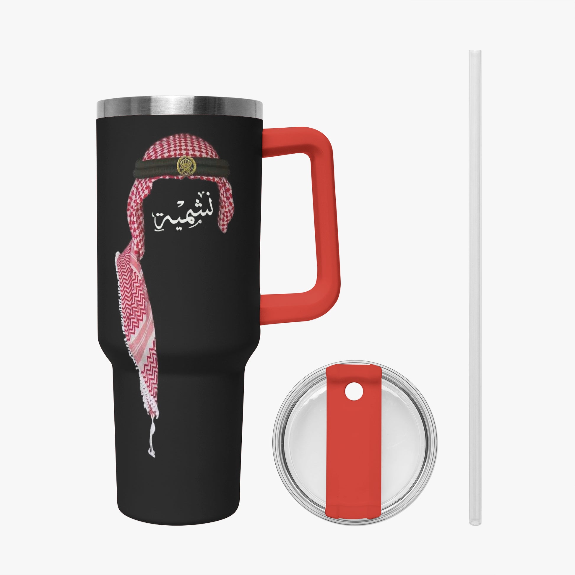 Black travel mug with red handle and lid, featuring a design on a white background.