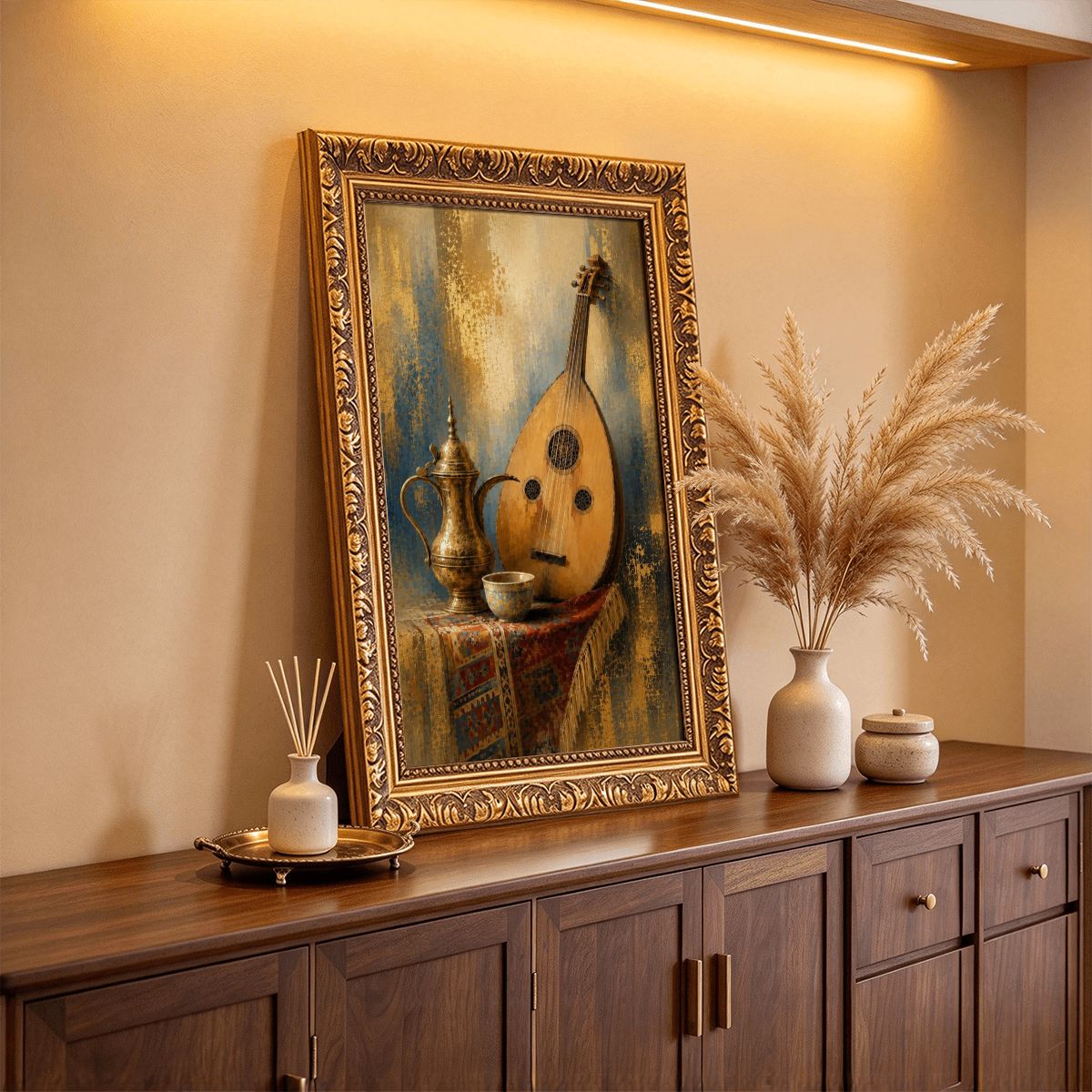 Arabian Oud and Coffee Vintage Gold Framed Canvas Prints Wall Art (2:3) (Made in USA)