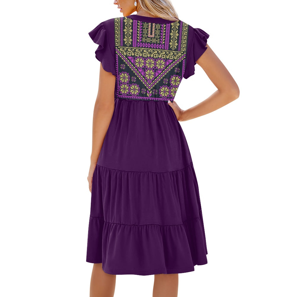 Palestinian tatreez print Women's V-neck pocket waist patchwork dress