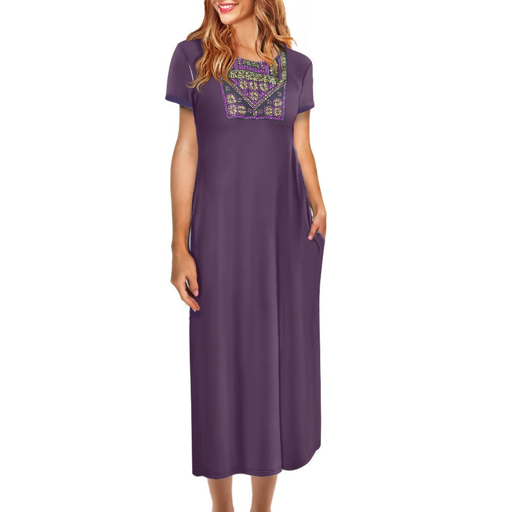 Palestinian Tatreez Purple Round neck short sleeve dress