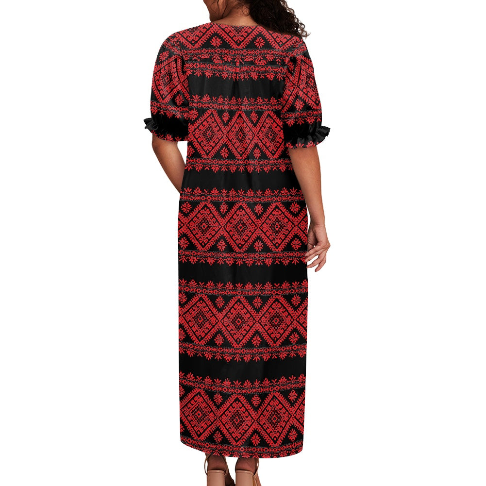 Palestinian Tatreez Print Puff sleeve dress,