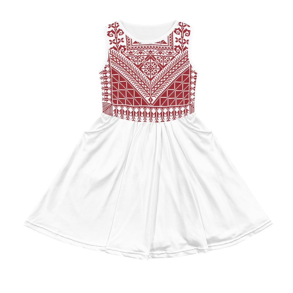 tatreez dress modern Palestinian Tatreez Print Kids' dress with pocket White / 11-12