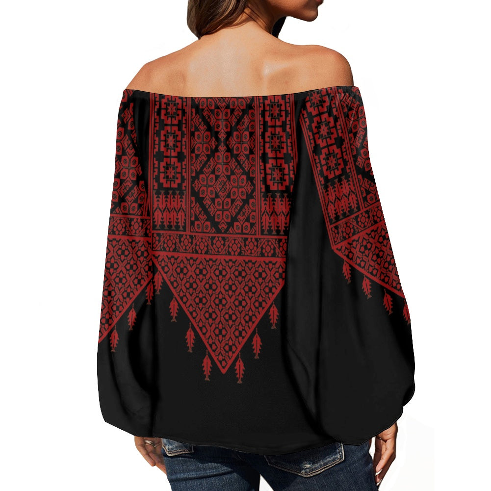 Palestinian Tatreez Print Off-shouldered chiffon blouse