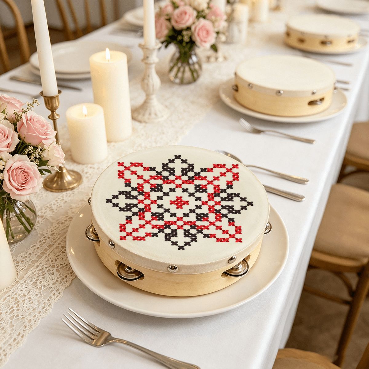 Tatreez Print Wedding Tambourine with Ribbon