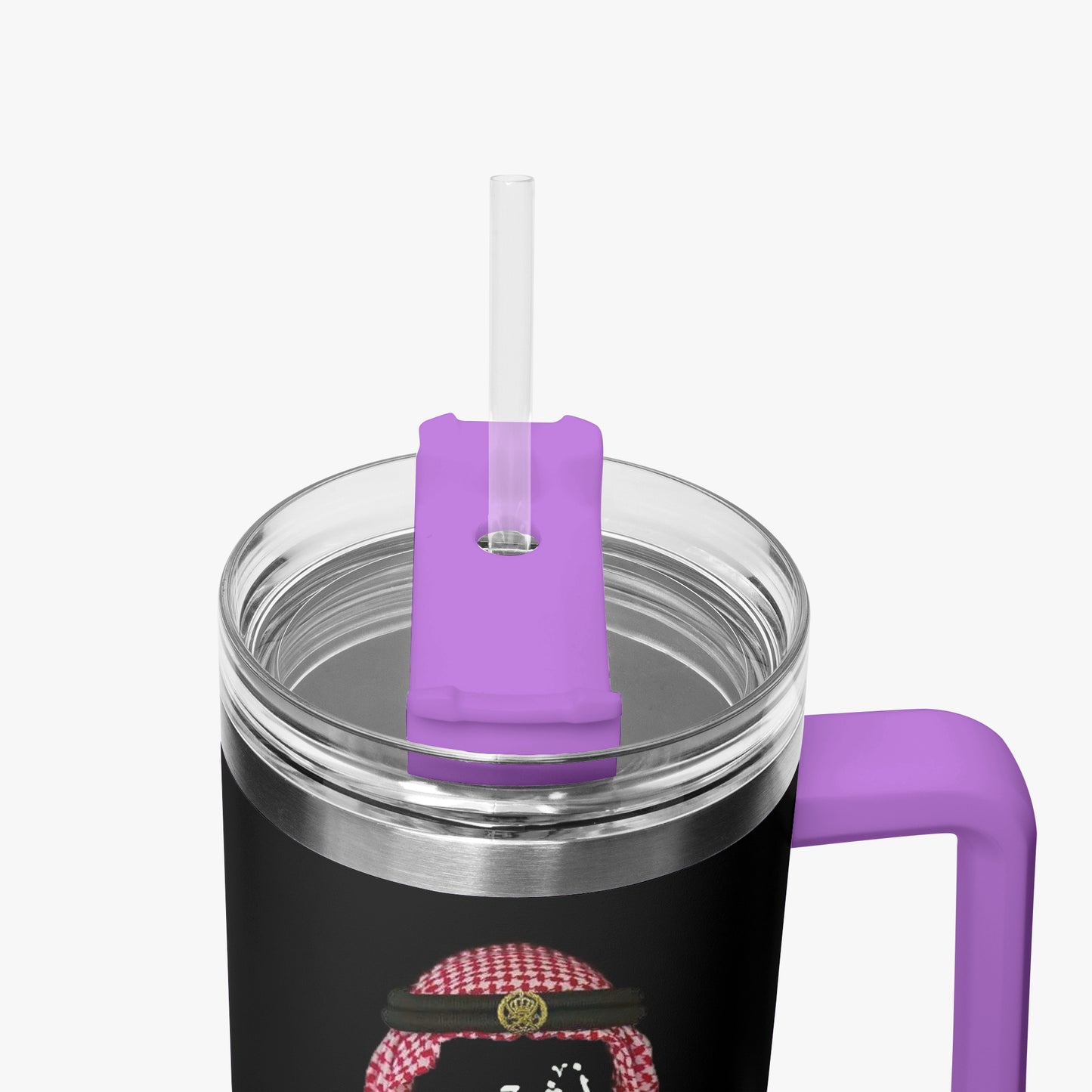 Clear mug with purple handle and straw holder on a white background