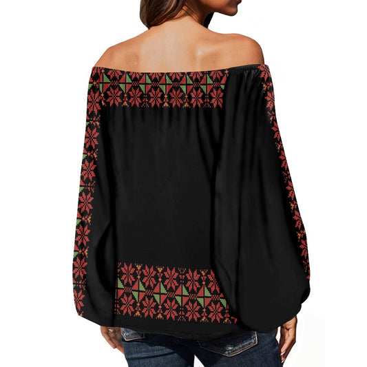 Palestinian Tatreez Off-shouldered chiffon blouse