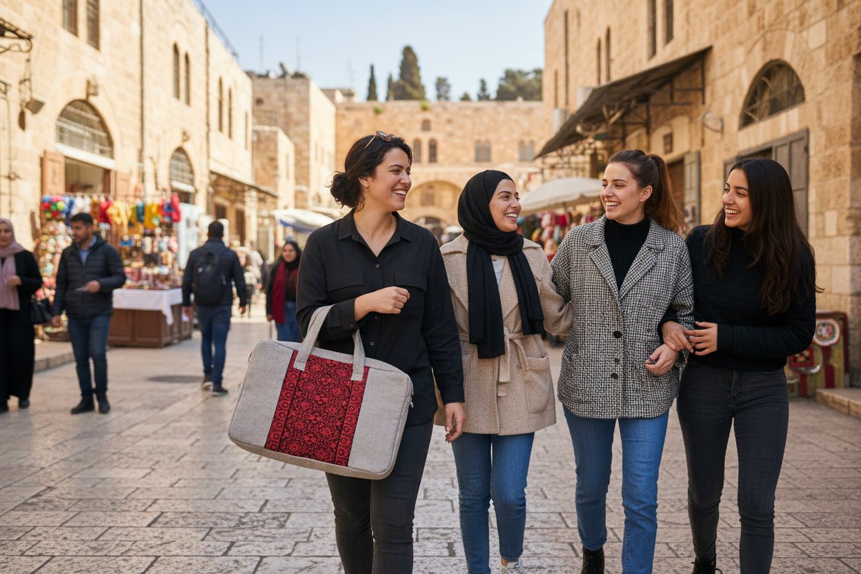 Four women holding tote bag tatreez embroidered walking together on a street with shops and people in the background
