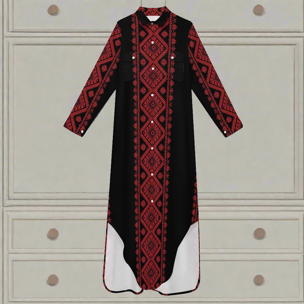 Long Shirt Dress Palestinian Tatreez Print Modest Long Dress